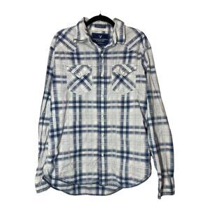 American Eagle Mens Western Snap Button Front Shirt Off White Blue Size Large